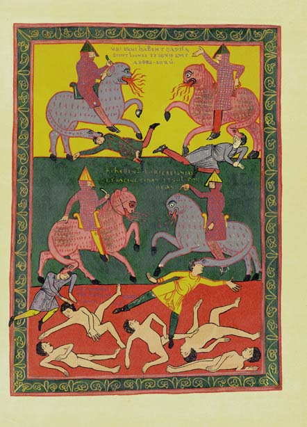 Folio 148v of the Apocalypse of St. Sever (St. Sever Beatus), The horses with heads of lions (Public Domain) via <a href=“https://commons.wikimedia.org/wiki/File:ApocalypseStSeverFol148vHorsesWithHeadsOfLions.jpg”>Wikimedia Commons </a>