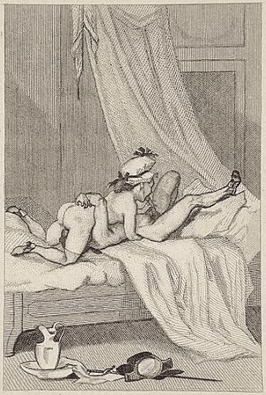 Felicien Rops black and white picture of a man and woman 69ing.