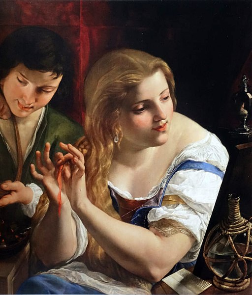 Painting of a woman doing her hair - Angelo Caroselli Allegoria della vanita